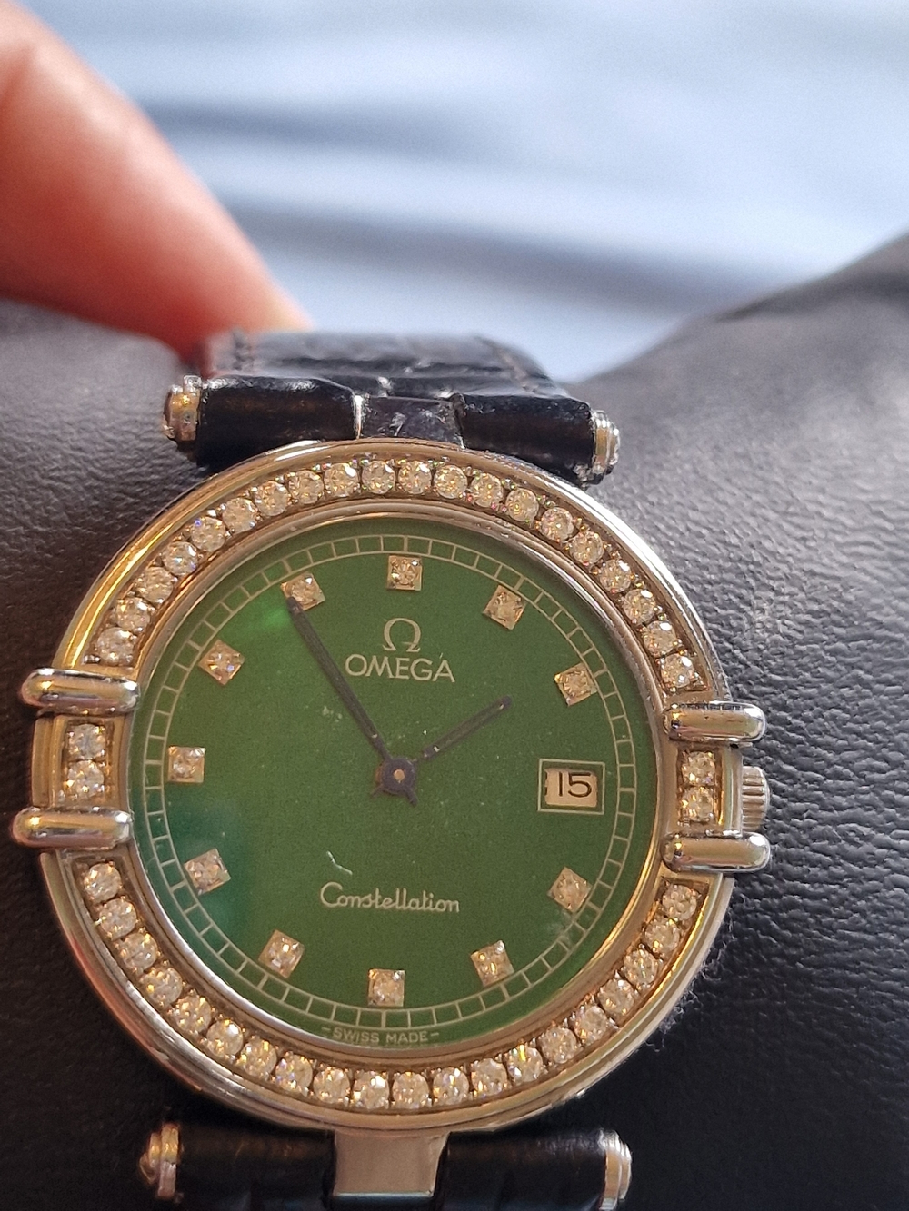 Authentic Omega Constellation Women's Green Dial Diamond Bezel Watch